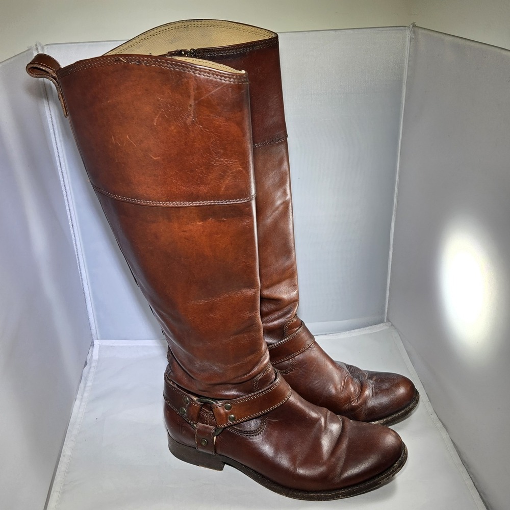 Frye Melissa Harness Leather Riding Boots Womens 7B Brown Side Zip *READ